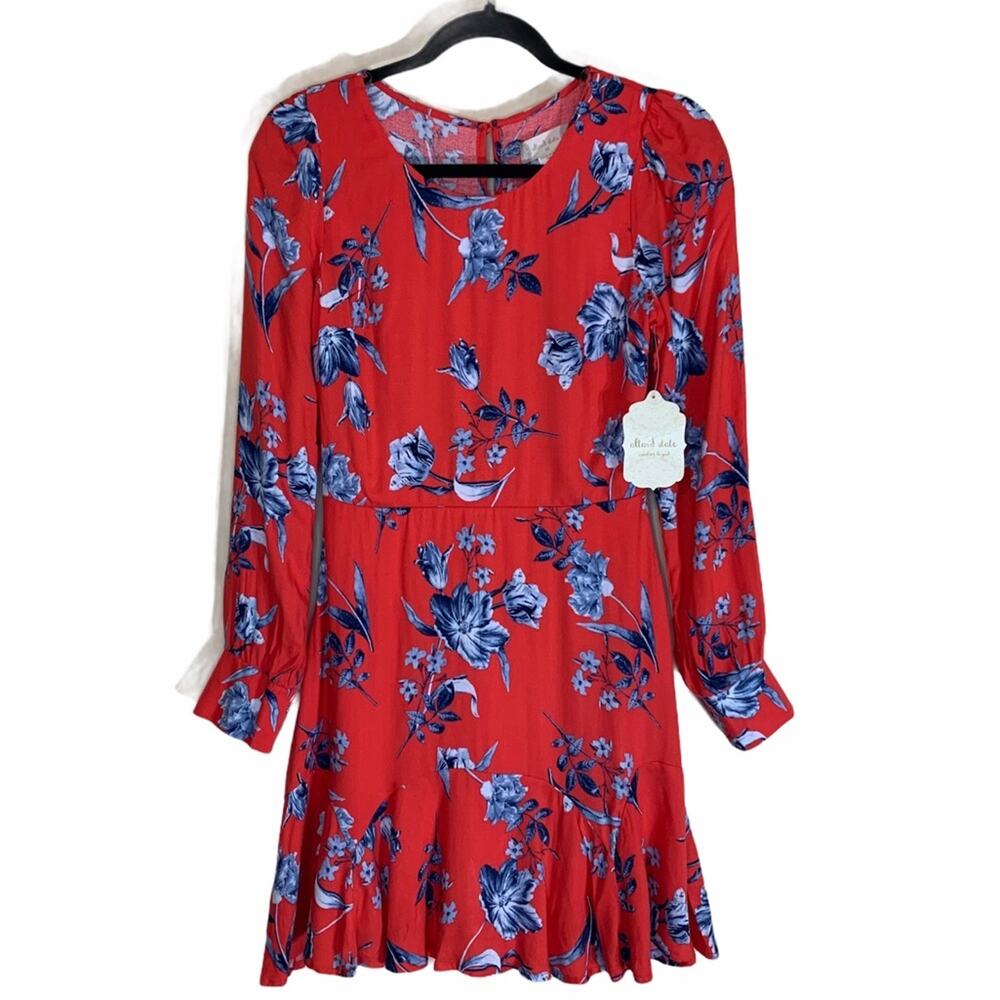Altar’d State Red floral long sleeve Fit and Flare Dress Womens Size XS